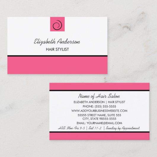Modern Haarstylist Preppy Roze Zwart Haar Salon Visitekaartje (Voorkant / Achterkant)