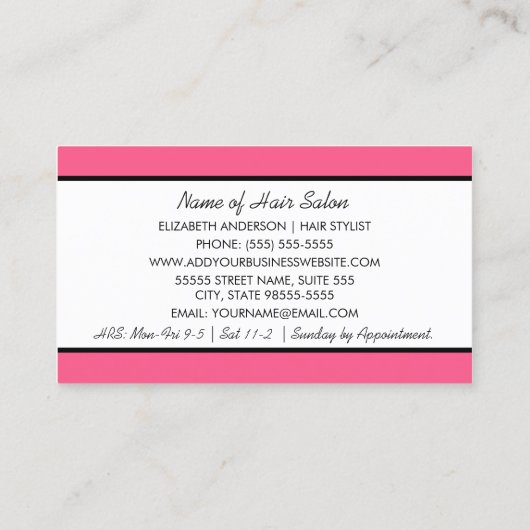 Modern Haarstylist Preppy Roze Zwart Haar Salon Visitekaartje (Achterkant)