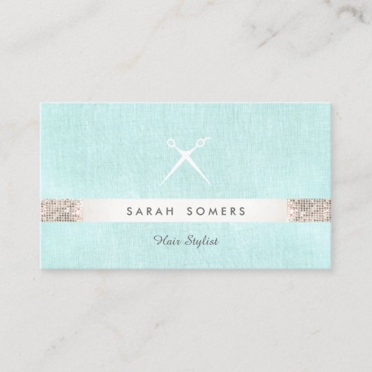 Modern Haarstylist Scissors Logo Sequin Turquoise Visitekaartje (Voorkant)