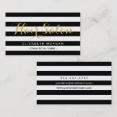 Modern Hair Salon Gold Script Black White Striped Visitekaartje (Voorkant / Achterkant)