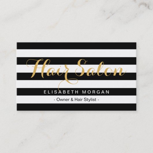 Modern Hair Salon Gold Script Black White Striped Visitekaartje (Voorkant)
