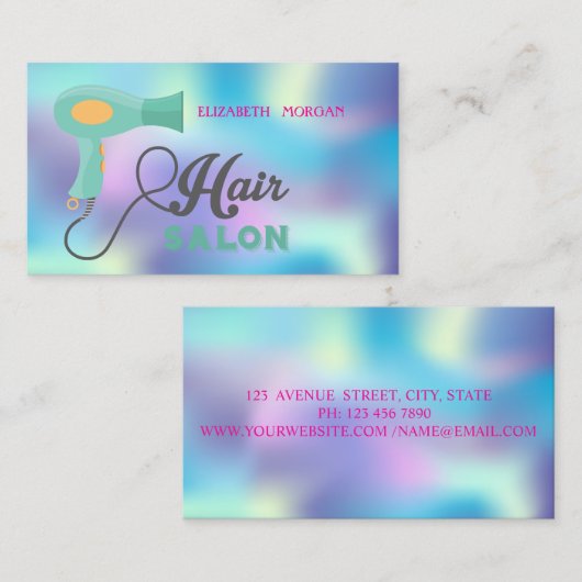 Modern Hair Salon, Holografisch, Hairdryer Visitekaartje (Voorkant / Achterkant)