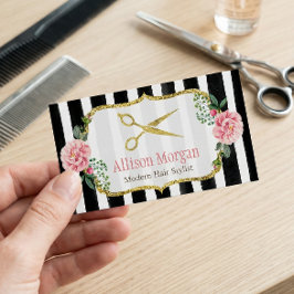 Modern Hair Stylist Girly Gold Pink Floral Striped Visitekaartje