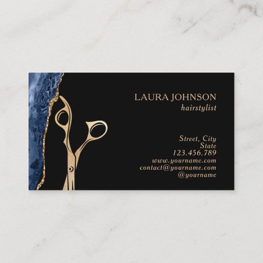 Modern Hair Stylist Gold Scissors Navy Blue Visitekaartje (Achterkant)
