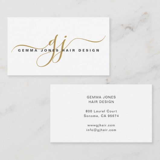 Modern Hair Stylist Goud Script Monogram Visitekaartje (Voorkant / Achterkant)