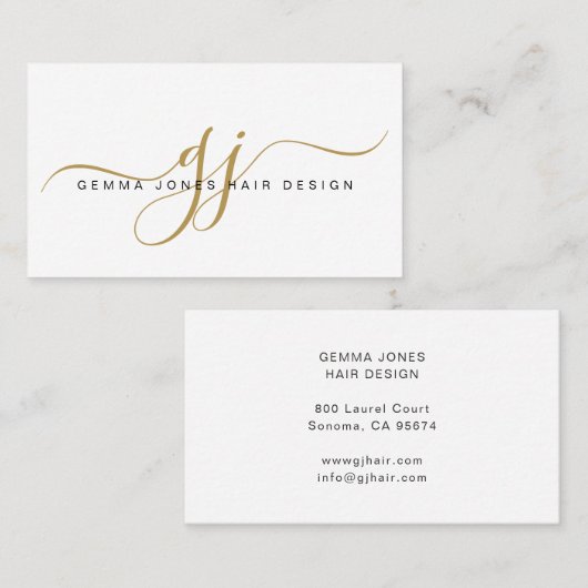 Modern Hair Stylist Goud Script Monogram Visitekaartje (Voorkant / Achterkant)