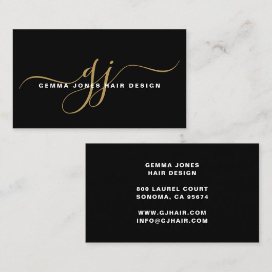 Modern Hair Stylist Goud Script Monogram Zwart Visitekaartje (Voorkant / Achterkant)
