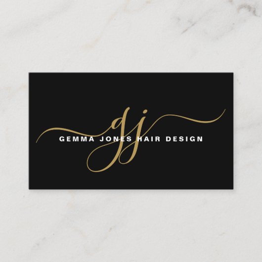 Modern Hair Stylist Goud Script Monogram Zwart Visitekaartje (Voorkant)