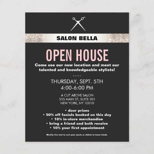 Modern Hair Stylist Scissors Silver Sequins Salon Flyer (Voorkant)