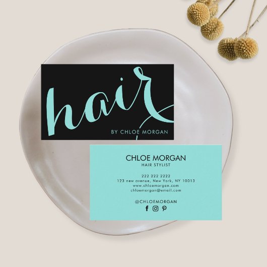 Modern hair stylist script black and blue visitekaartje