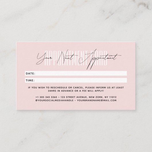 Modern hair stylist script typography blush pink afsprakenkaartje (Achterkant)