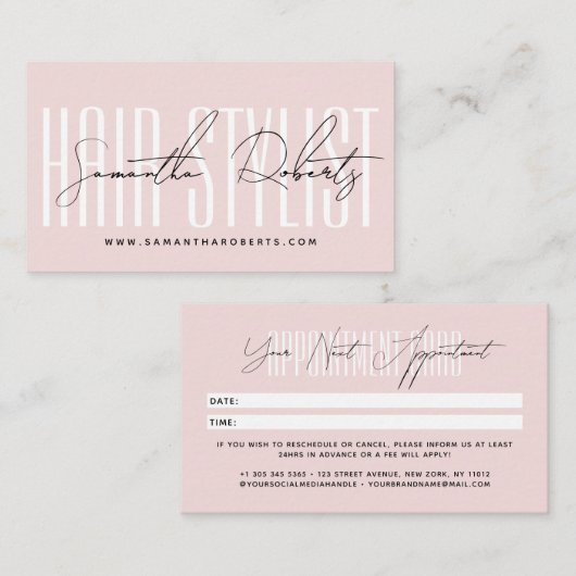 Modern hair stylist script typography blush pink afsprakenkaartje (Voorkant / Achterkant)