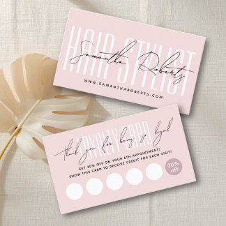 Modern hair stylist script typography blush pink klantenkaartje