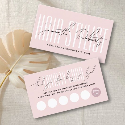 Modern hair stylist script typography blush pink klantenkaartje