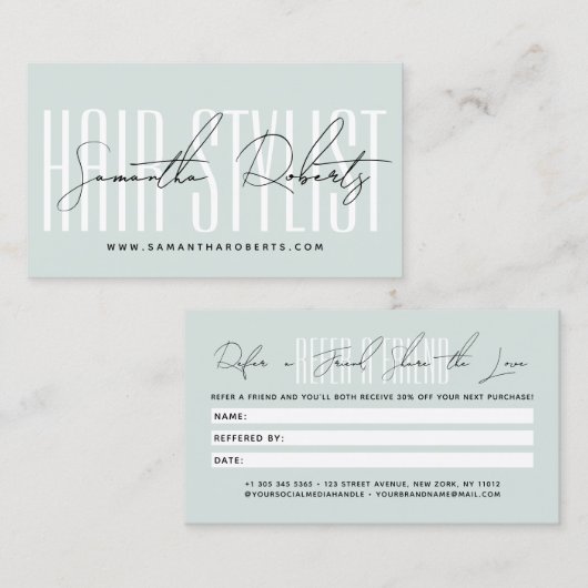 Modern hair stylist script typography customer aanbevelingskaartje (Voorkant / Achterkant)