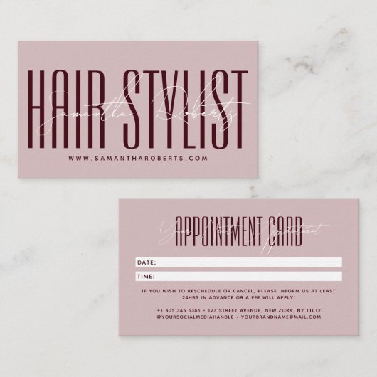 Modern hair stylist script typography pink red afsprakenkaartje (Voorkant / Achterkant)