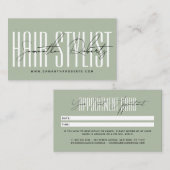 Modern hair stylist script typography sage green afsprakenkaartje (Voorkant / Achterkant)