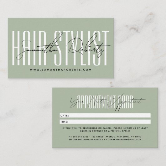 Modern hair stylist script typography sage green afsprakenkaartje (Voorkant / Achterkant)