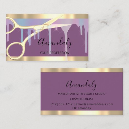 Modern Hairdresser Coiffeur Gold Scissors Paars Visitekaartje (Voorkant / Achterkant)