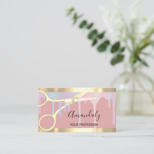 Modern Hairdresser Coiffeur Gold Scissors Roze Visitekaartje (Staand voorkant)