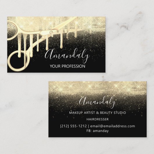Modern Hairdresser Coiffeur Scissors Black Gold Visitekaartje (Voorkant / Achterkant)