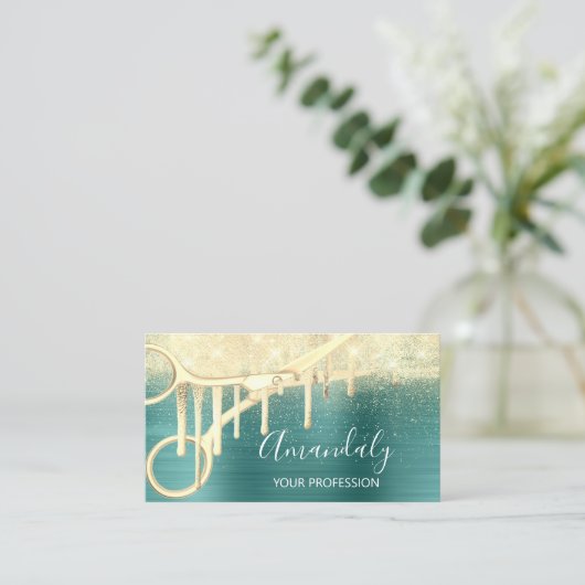 Modern Hairdresser Coiffeur Scissors Blauwgroen Go Visitekaartje (Staand voorkant)