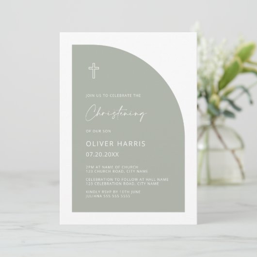 Modern Half Arch Sage Green Boy Christening Kaart (Staand voorkant)