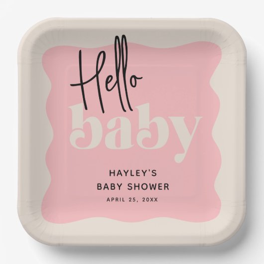 Modern Hallo Baby Roze & Cream Baby shower Papieren Bordje (Voorkant)