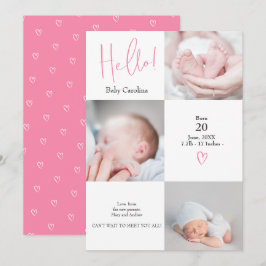 Modern hallo roze wit 3 foto's baby geboorte aankondiging