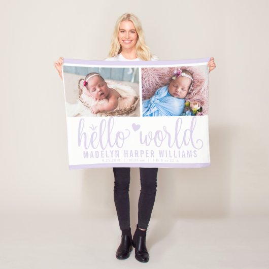 Modern Hallo World Lavender Paarse Photo Collage Fleece Deken (In situ)
