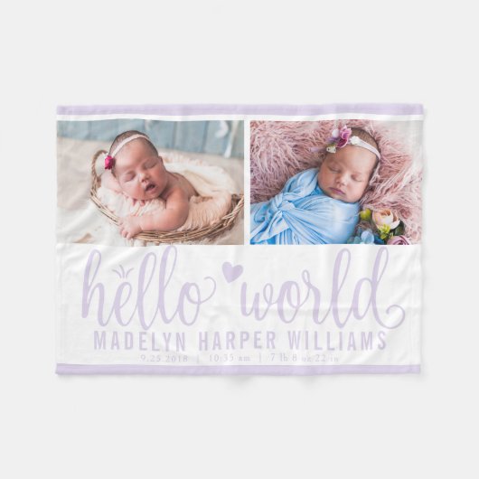 Modern Hallo World Lavender Paarse Photo Collage Fleece Deken (Voorkant (Horizontaal))