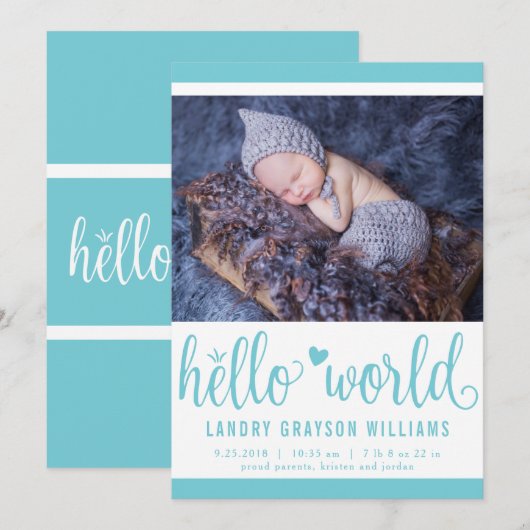 Modern Hallo World Photo Aqua Birth Stat Aankondiging (Voorkant / Achterkant)