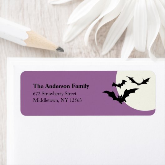 Modern Halloween Bats adreslabel - Paarse Etiket (Insitu)