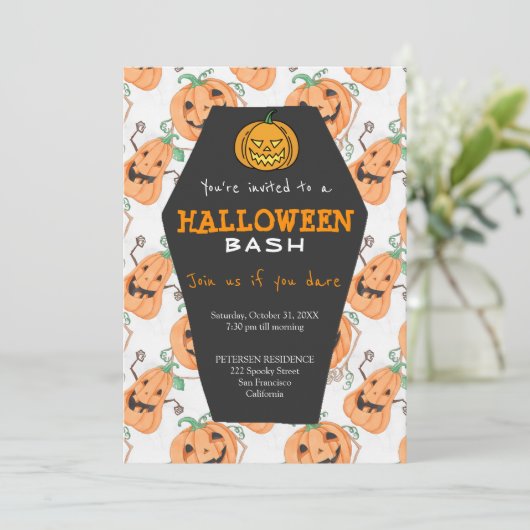 Modern Halloween oranje pompoenen feest Kaart (Staand voorkant)