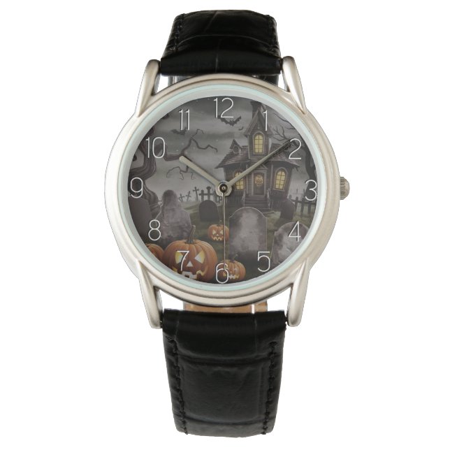 Modern Halloween Sinaasappel Pompoen spookhuis Horloge (Voorkant)