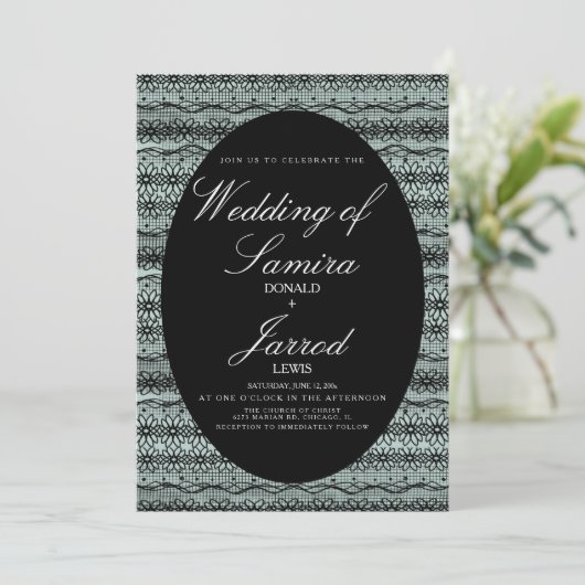 Modern Hand Drawn Black Lace Background Wedding Kaart (Staand voorkant)
