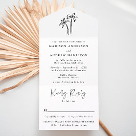 Modern Hand-Drawn Black Palm Trees Wedding All In One Uitnodiging