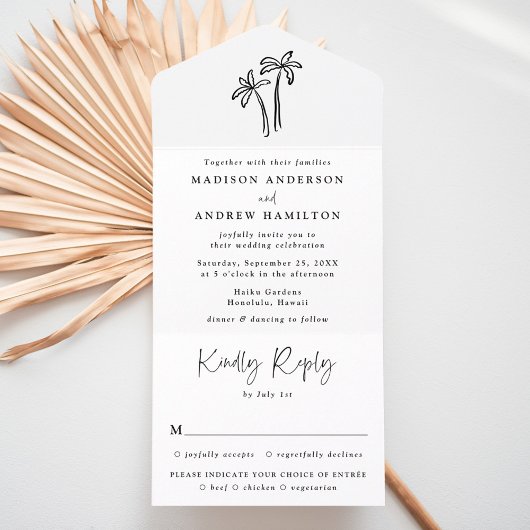 Modern Hand-Drawn Black Palm Trees Wedding All In One Uitnodiging
