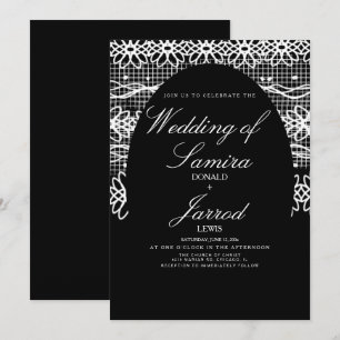 Modern Hand Drawn Black White Lace Wedding Kaart
