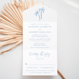 Modern Hand-Drawn Blue Palm Trees Wedding All In One Uitnodiging