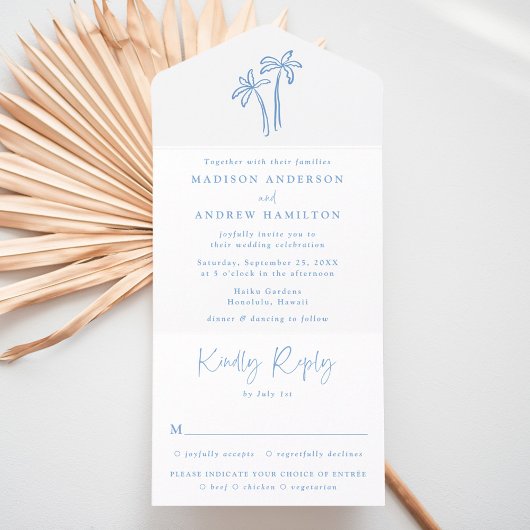 Modern Hand-Drawn Blue Palm Trees Wedding All In One Uitnodiging