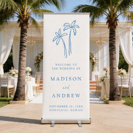Modern Hand-Drawn Blue Palm Trees Wedding Welcome Roll-up Banner