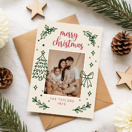 Modern Hand Drawn Botanical Family Photo Christmas Feestdagenkaart