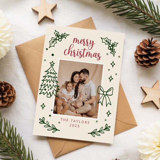 Modern Hand Drawn Botanical Family Photo Christmas Feestdagenkaart