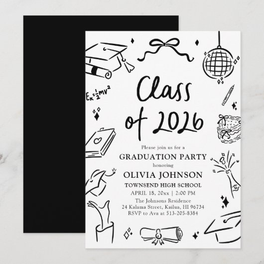 Modern Hand Drawn Class of 2026 Graduation Party Kaart (Voorkant / Achterkant)