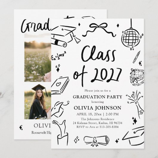 Modern Hand Drawn Class of 2027 Graduation Party Kaart (Voorkant / Achterkant)