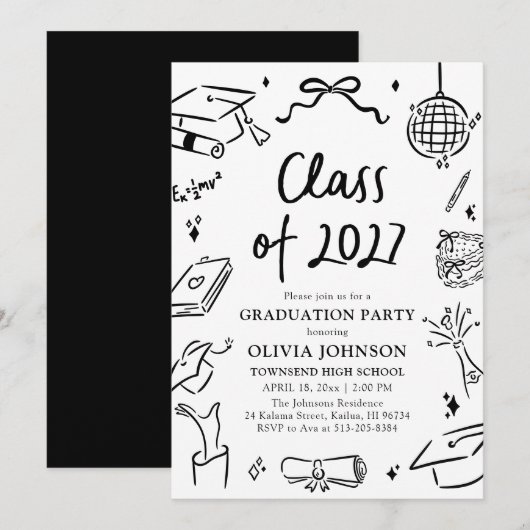 Modern Hand Drawn Class of 2027 Graduation Party Kaart (Voorkant / Achterkant)