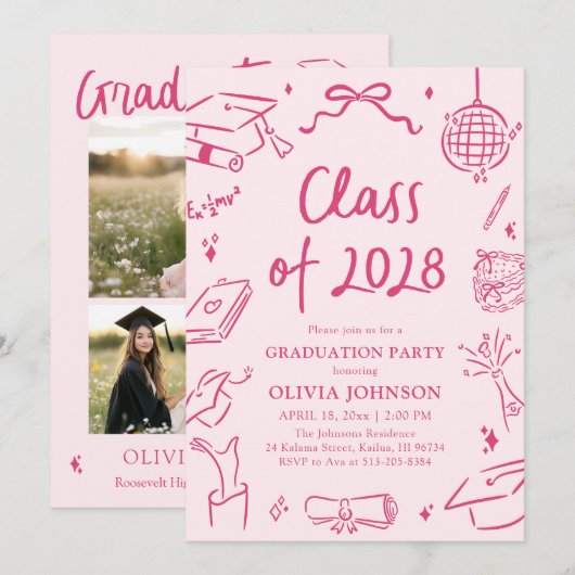 Modern Hand Drawn Class of 2028 Graduation Party Kaart (Voorkant / Achterkant)