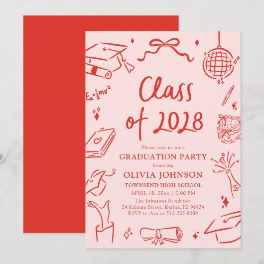 Modern Hand Drawn Class of 2028 Graduation Party Kaart (Voorkant / Achterkant)