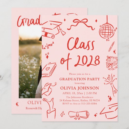 Modern Hand Drawn Class of 2028 Graduation Party Kaart (Voorkant / Achterkant)
